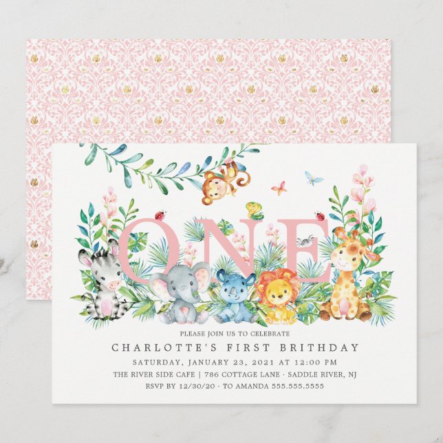 Sweet Safari ONE Girls 1ST Birthday Invitation (Front/Back)