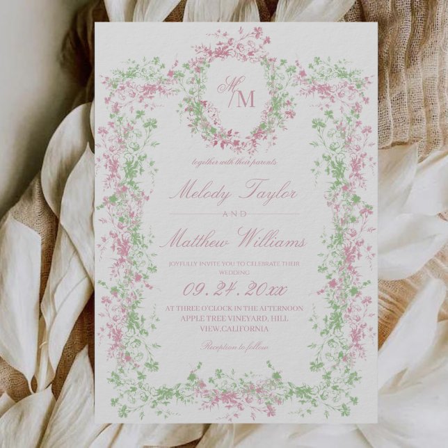 Sweet Sage Green & Blush  Floral Crest Wedding Invitation (Creator Uploaded)