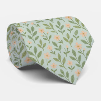 Sweet Sage Green Leaves Elegant Pink Floral Neck Tie