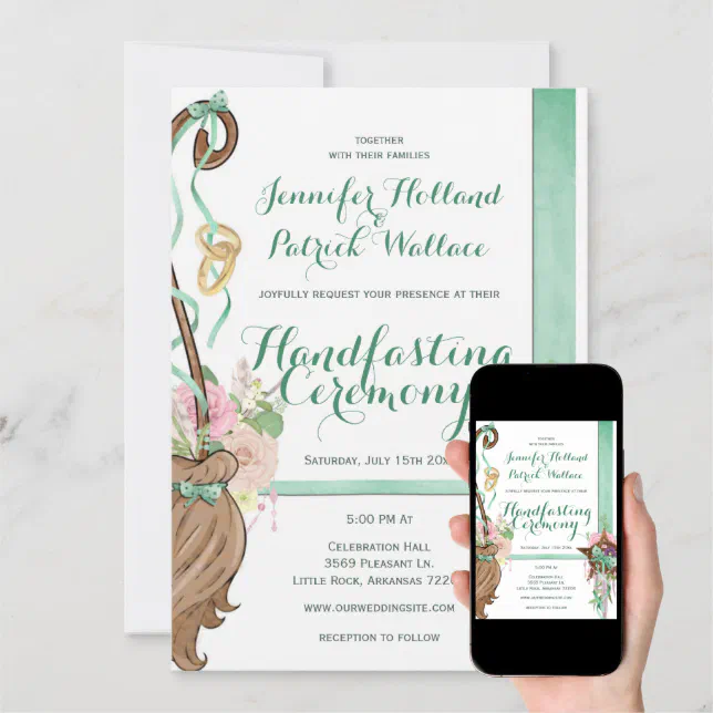 Sweet Sage Green & Pink Floral Broom Handfasting Invitation | Zazzle