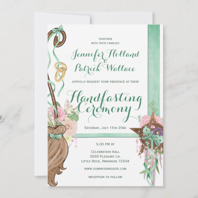 Sweet Sage Green & Pink Floral Broom Handfasting Invitation (Front)