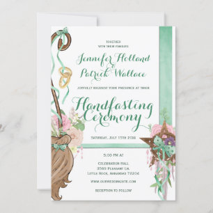 Sweet Sage Green & Pink Floral Broom Handfasting Invitation