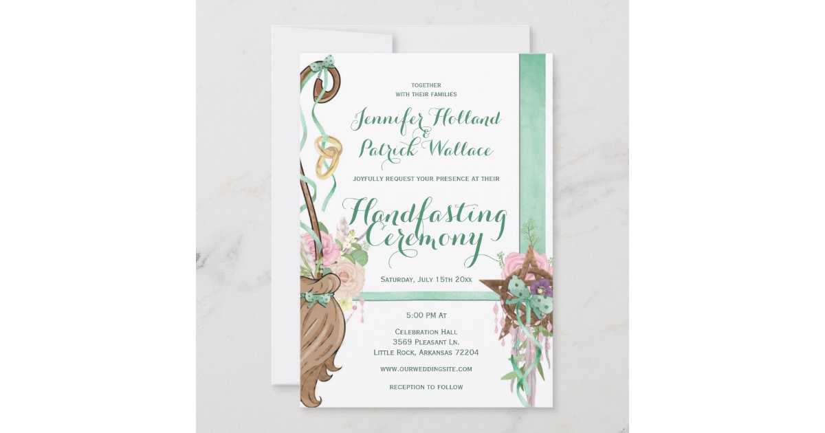 Sweet Sage Green & Pink Floral Broom Handfasting Invitation | Zazzle