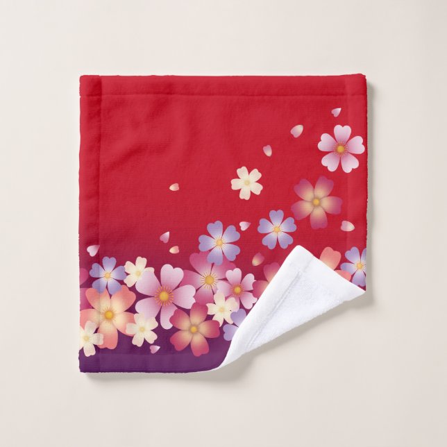 Sweet Sakura Blossoms Kimono Style Red & Purple Wash Cloth (Wash Cloth)