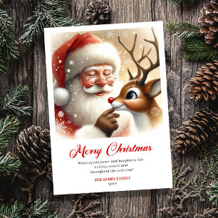 Sweet Santa And Rudolph Illustration Christmas  Holiday Card