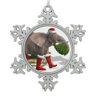 Sweet Santa Claus Elephant Snowflake Pewter Christmas Ornament