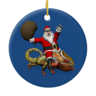 Sweet Santa Claus On Huge Panther Chameleon Ceramic Ornament