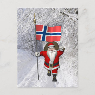 Sweet Santa Claus With Ensign Of Norway Holiday Postcard