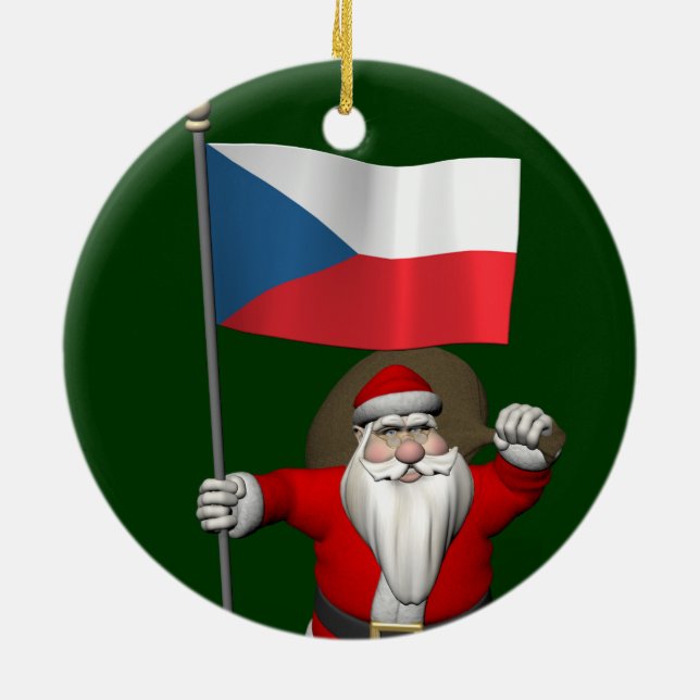 Sweet Santa Claus With Flag Of Czech Republic Ceramic Ornament (Back)