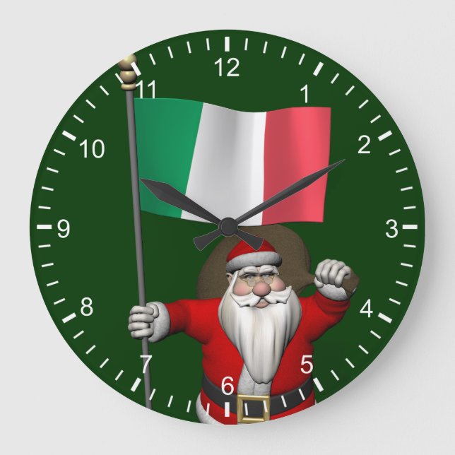 Sweet Santa Claus With Flag Of Italy Large Clock (Front)