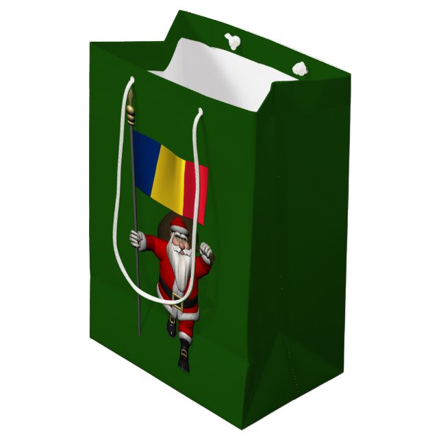 Sweet Santa Claus With Flag Of Romania Medium Gift Bag (Front Angled)