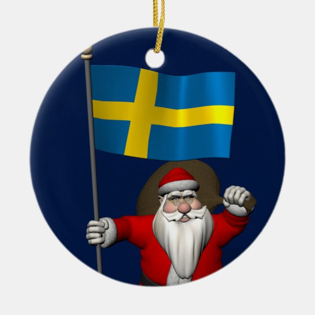 Sweet Santa Claus With Flag Of Sweden Ceramic Ornament (Front)