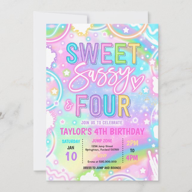 Sweet Sassy And Four Neon Rainbow 4th Birthday Invitation (Front)