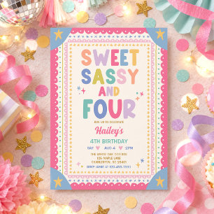 Sweet Sassy And Four Whimsical Girl 4th Birthday Invitation