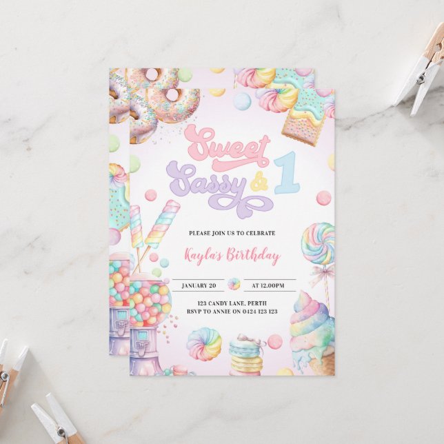 Sweet Sassy and One Pastel Candy First Birthday Invitation (Front/Back In Situ)