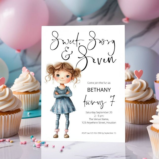 Sweet Sassy and Seven Girl Age 7 Birthday Invitation (Creator Uploaded)
