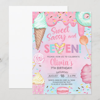 Sweet sassy and seven girl birthday invitation. invitation