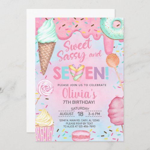 Sweet sassy and seven girl birthday invitation invitation