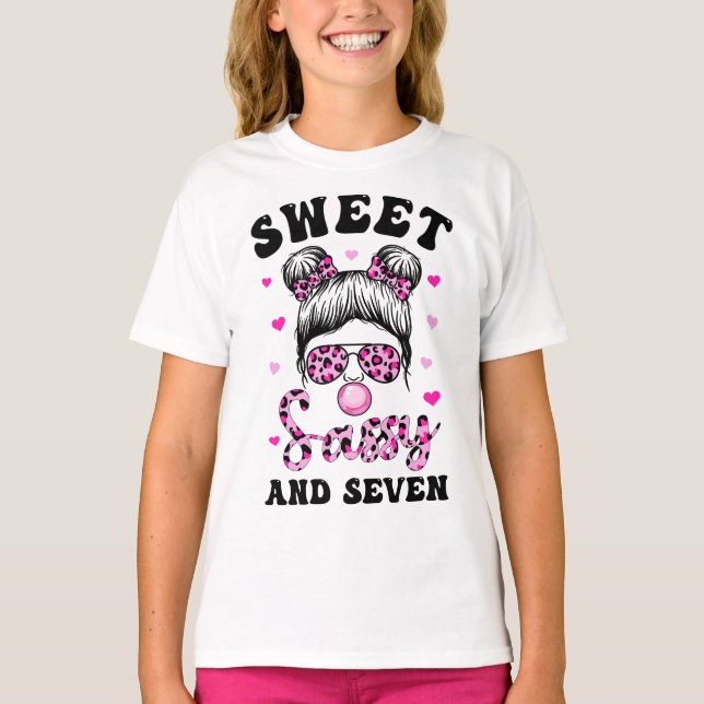 Sweet Sassy And Seven Messy Bun Leopard Sunglasses T-Shirt (Front)