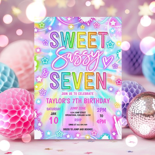Sweet Sassy And Seven Neon Glow 7th Birthday Party Invitation