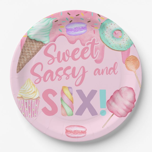 Sweet Sassy and Six birthday party paper plate. Paper Plates (Front)
