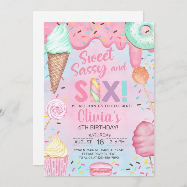 Sweet sassy and six girl 6th birthday invitation. invitation (Front/Back)