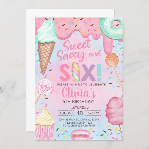 Sweet sassy and six girl 6th birthday invitation invitation
