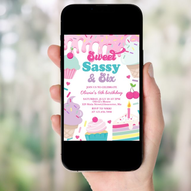 Sweet Sassy and Six Ice Cream and Cake Birthday Invitation (Front Digital)