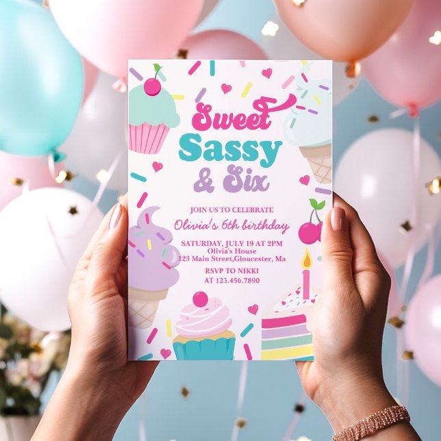 Sweet Sassy and Six Ice Cream and Cake Birthday Invitation (Creator Uploaded)