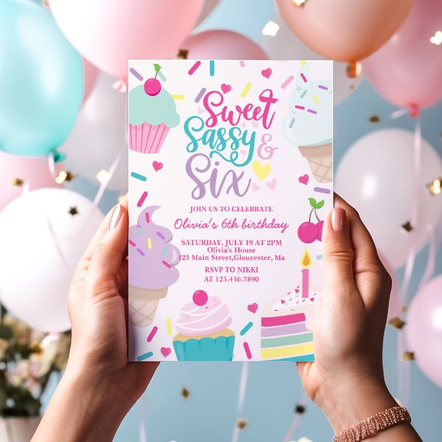 Sweet Sassy and Six Ice Cream and Cake Birthday Invitation (Creator Uploaded)