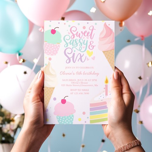 Sweet Sassy and Six Ice Cream and Cake Birthday Invitation