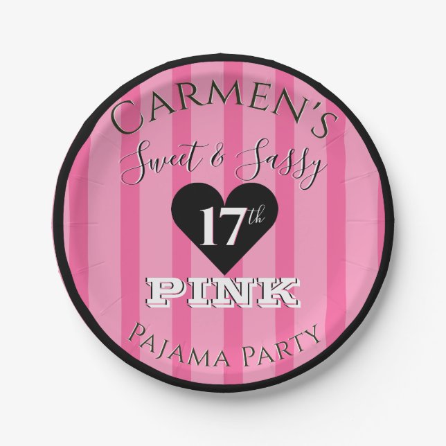 Sweet & Sassy PINK Stripes Pajama|Birthday Party Paper Plates (Front)