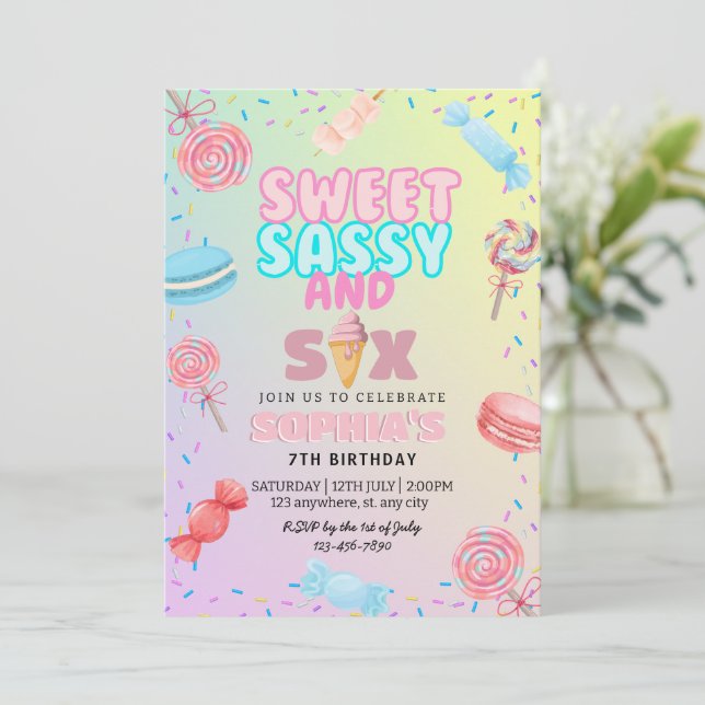 Sweet sassy & seven Ice Cream &Candy girl birthday Invitation (Standing Front)