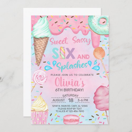 Sweet sassy six and splashes pool birthday invitation