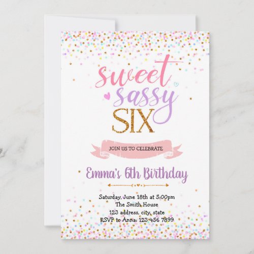Sweet sassy six birthday party theme invitation