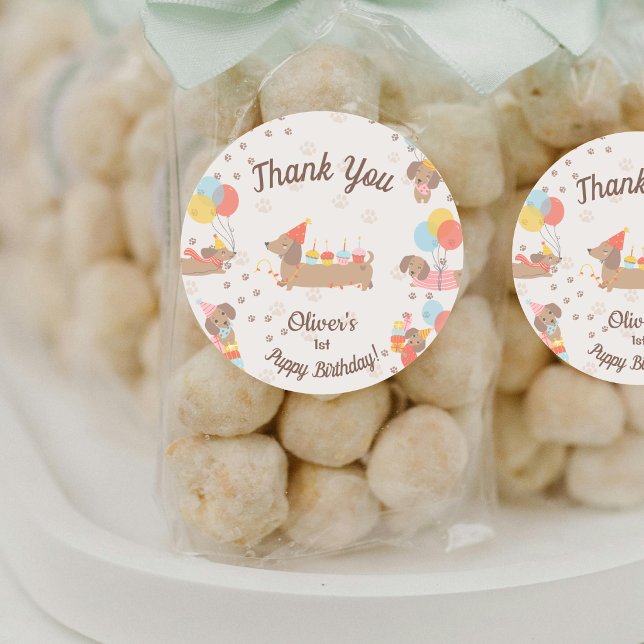 Sweet Sausage Puppy Birthday Party Thank You Classic Round Sticker (Creator Uploaded)