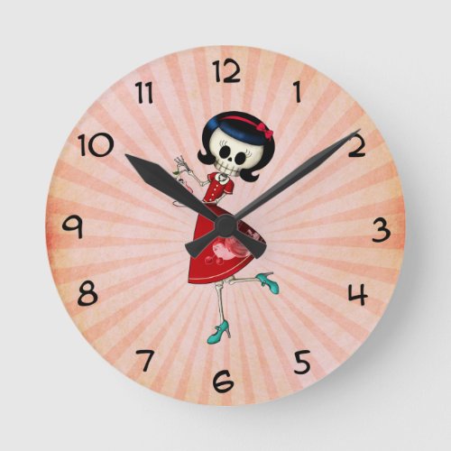 Sweet  Scary Skeleton Girl Round Clock