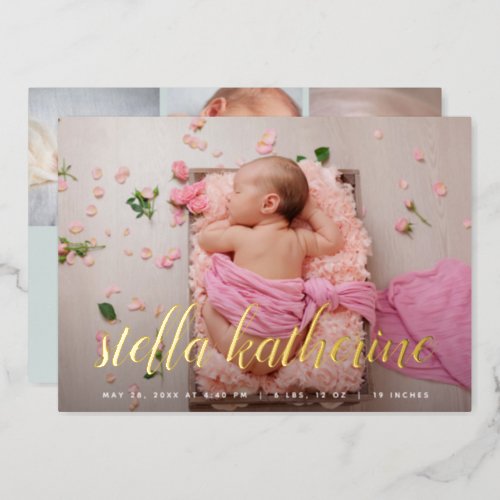 Sweet Script Photo Collage Foil Birth Announcement