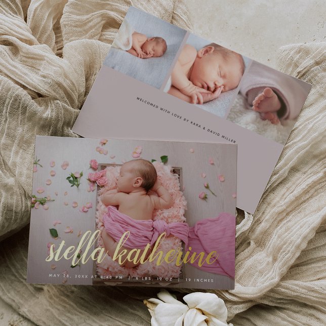 Sweet Script Photo Collage Foil Birth Announcement (Creator Uploaded)