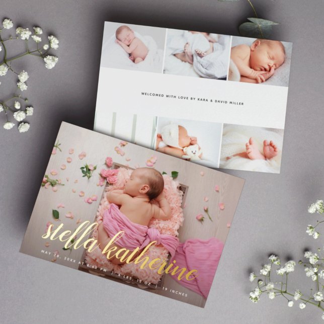 Sweet Script Photo Collage Foil Birth Announcement (Creator Uploaded)