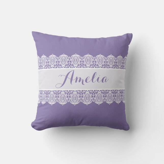 Sweet Script - Soft Purple Lace Monogram Throw Pillow (Front)