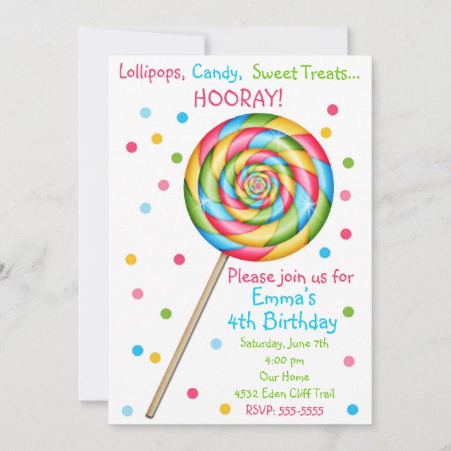 Sweet Shop Lollipop Birthday Invitations (Front)