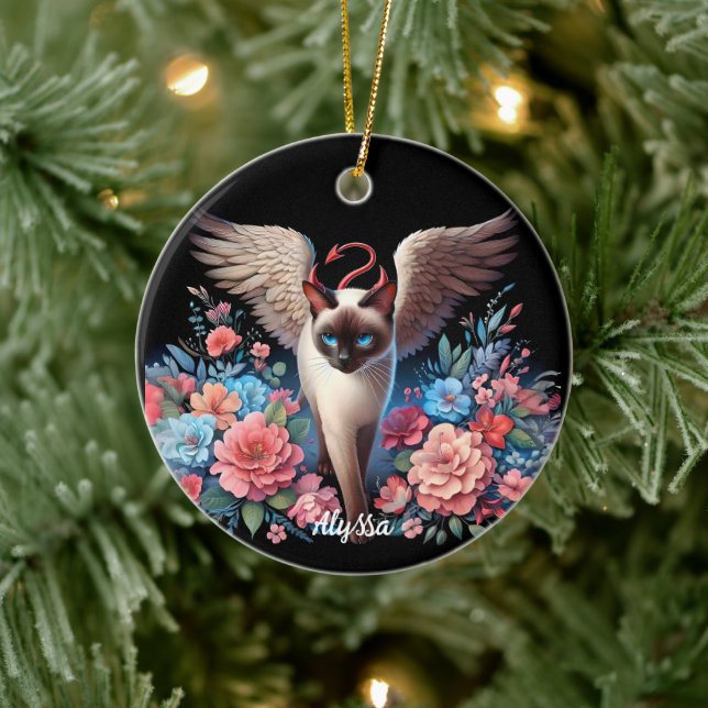 Sweet Siamese Demon and Angel Cat  Ceramic Ornament (Tree)