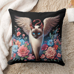 Sweet Siamese Demon and Angel Cat Throw Pillow