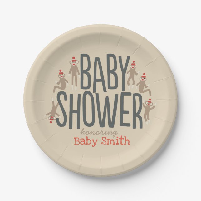 Sweet & Silly Sock Monkey Baby Shower Paper Plates (Front)