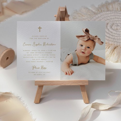 Sweet Simple  Faux Gold with Photo Baptism Invitation