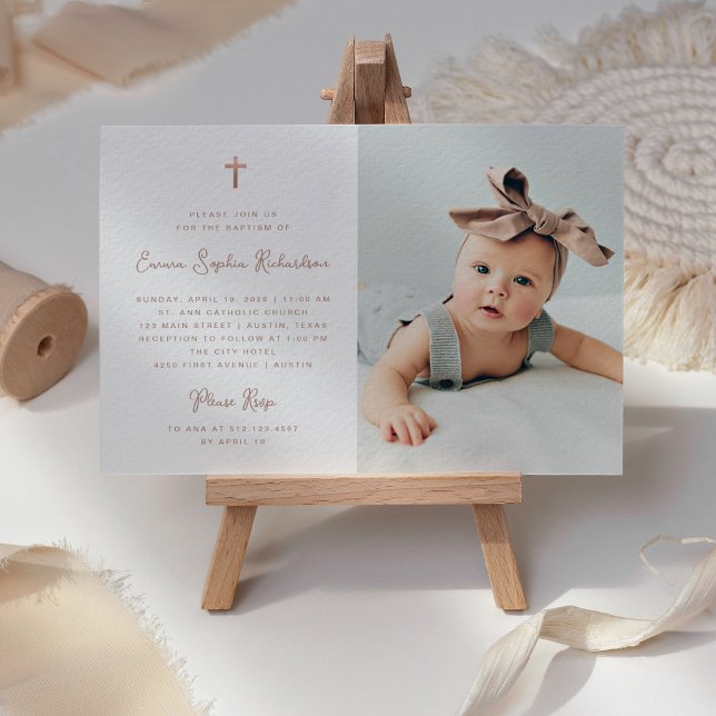 Sweet Simple | Faux Rose Gold with Photo Baptism Invitation (A sweet and whimsical Baptism invitation with photo and faux rose gold cross)