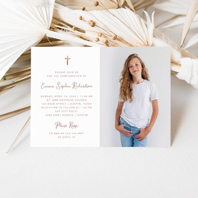 Sweet Simple | Photo Faux Rose Gold Confirmation Invitation (An elegant, faux rose gold Confirmation invitation with your photo)