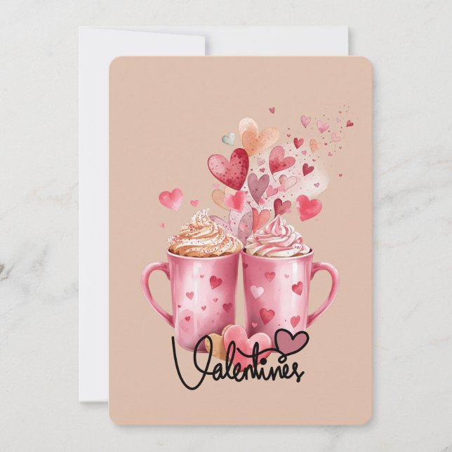 Sweet Sips & Hearts Pink Mugs Valentine’s Day Card (Front)