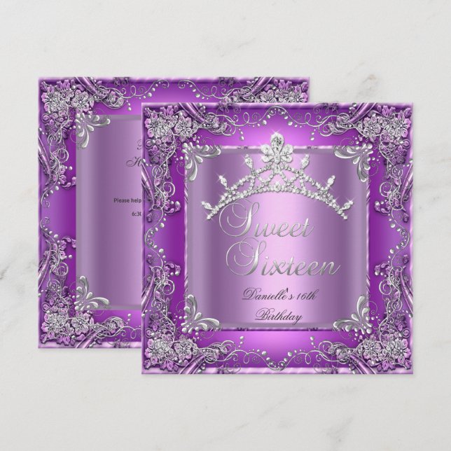 Sweet Sixteen 16 16th Birthday Party Purple Invitation (Front/Back)